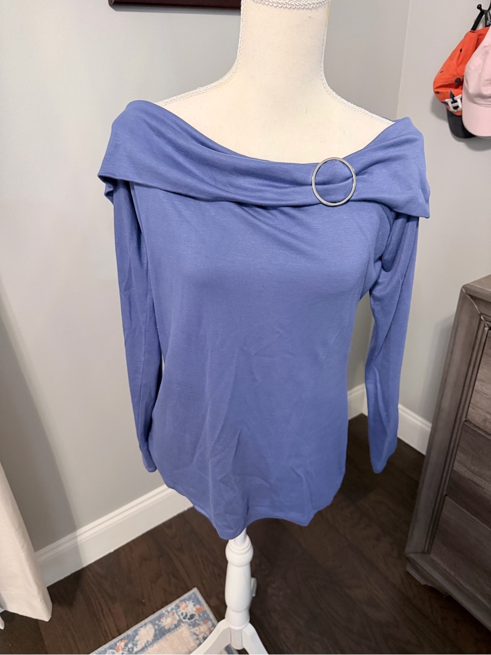 White House Black Market Periwinkle Off-Shoulder Top with Silver Ring